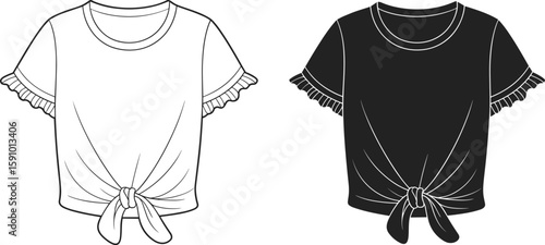 Women's stylish knot front t-shirt with ruffled sleeves flat fashion sketch, versatile feminine apparel technical illustration, comfortable short sleeve top design for casual wear.