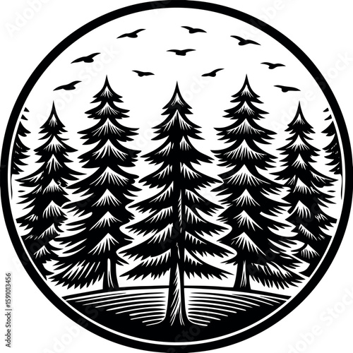 Linocut style forest scene with tall pine trees and natural elements