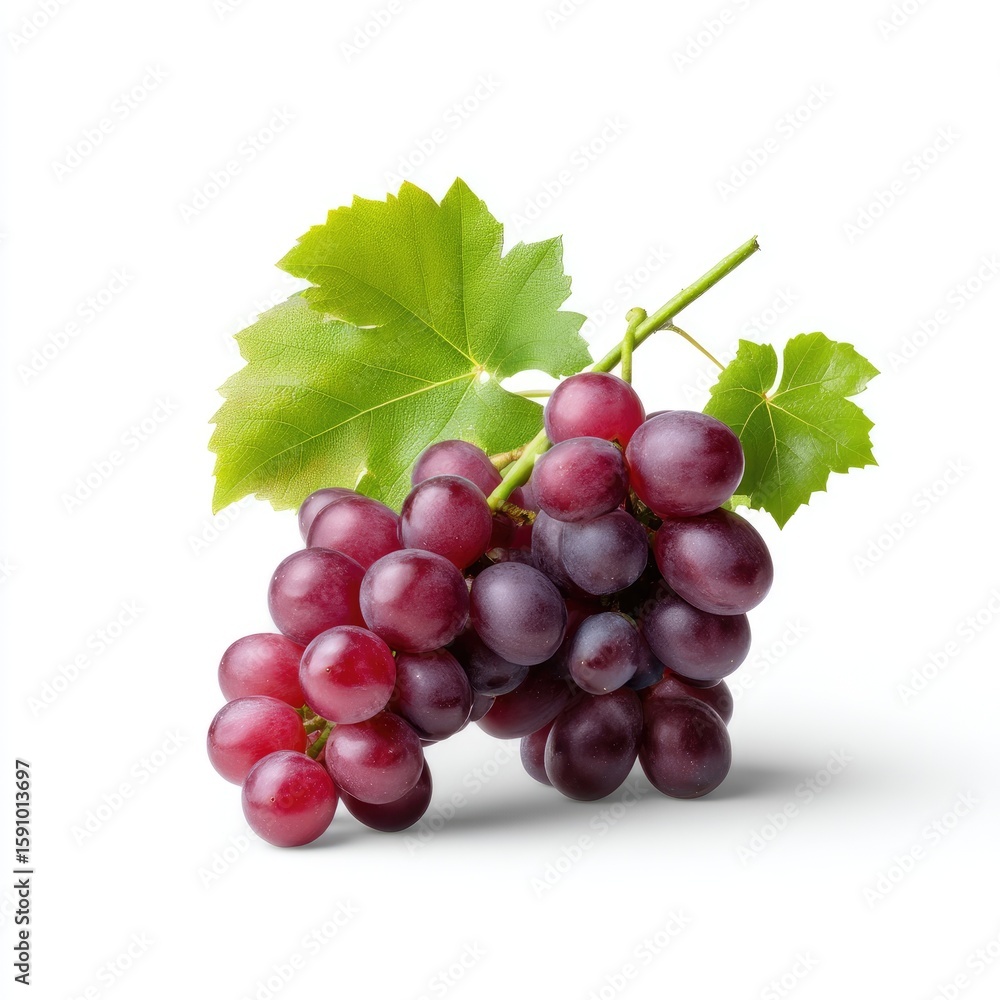 Fototapeta premium Fresh Red Grapes on White Background with Leaves Perfect for Healthy Lifestyle and Organic Food Themes