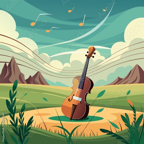 Lonely cello in a field of wind blown grass illustration