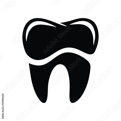 A simple black silhouette of a tooth, representing dental health and care