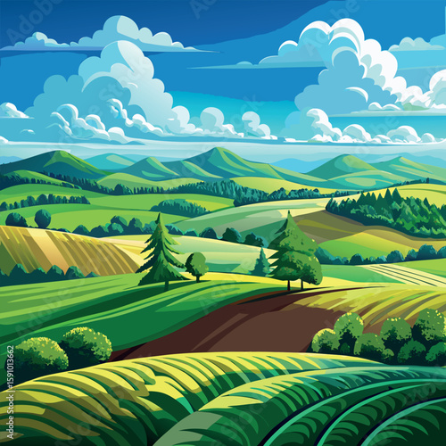 Lush green rolling hills with vibrant crops under a clear sky