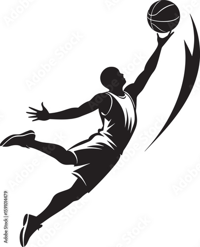 Athletic basketball player in action showing silhouette graphic design for sports illustration, a slam dunk.
