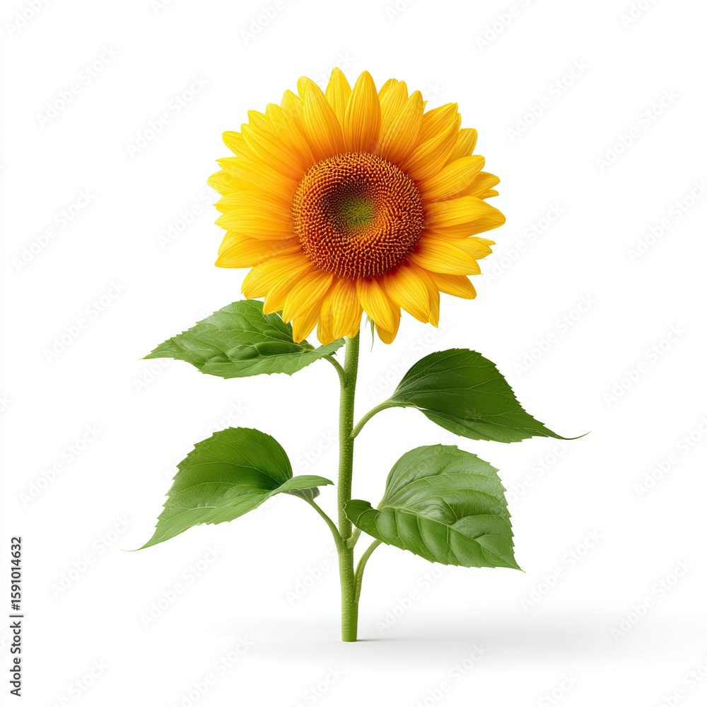 Obraz premium Vibrant Sunflower with Bright Yellow Petals and Lush Green Leaves in a Studio Setting