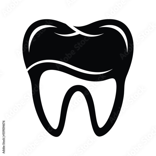 A simple black silhouette of a tooth, representing dental health and care