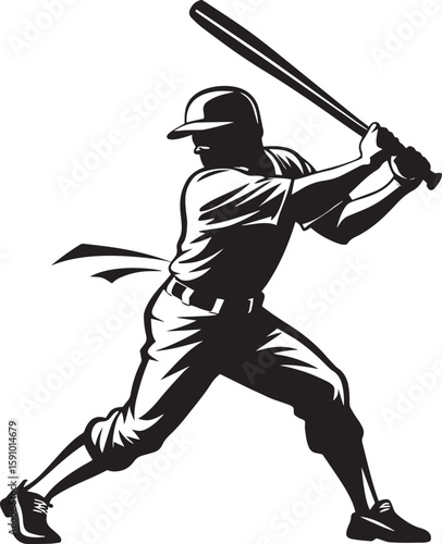 Baseball player swings a bat with determination in a powerful, vector illustration suited for sports designs.
