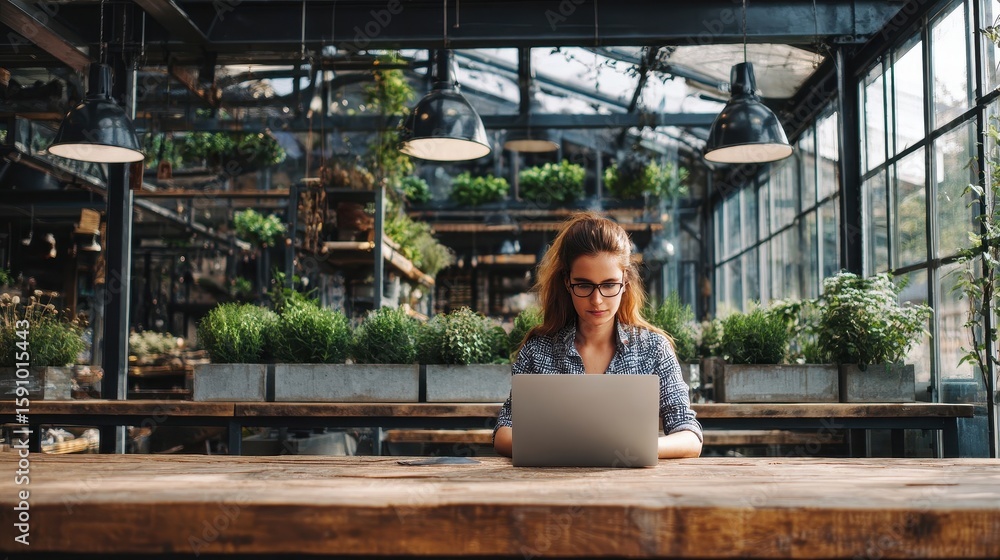 Fototapeta premium Woman working on a laptop in a greenhouse-style cafe.
