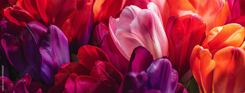 Obraz premium fundo de close-up sonhador de flores de tulipa coloridas em vermelho, roxo e rosa