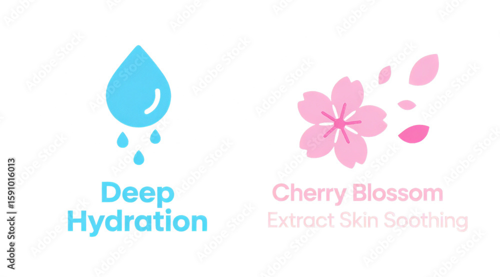 Obraz premium Water droplets and cherry blossom icons represent deep hydration and cherry blossom extract for soothing the skin, used in moisturizing and sensitive skin care scenarios.