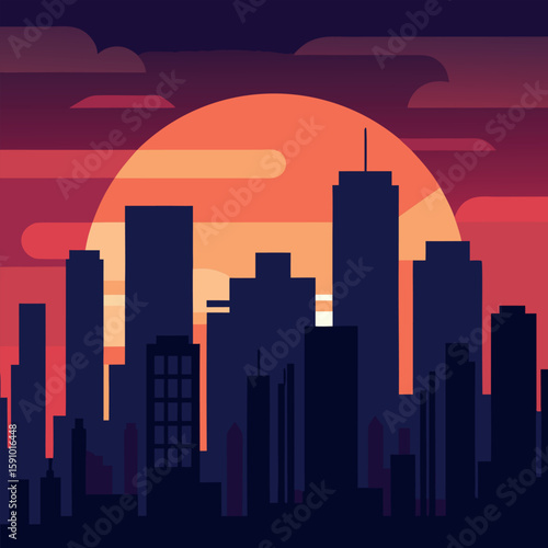 Vibrant sunset behind modern city skyscrapers with colorful sky