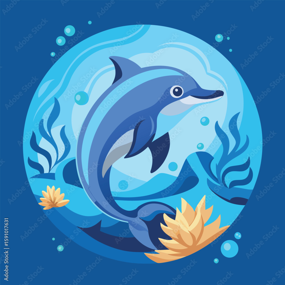 Fototapeta premium Graceful dolphin swimming underwater with subtle submarine element