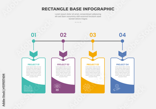 rectangle shape infographic outline style with 4 point template with timeline horizontal with dot pointer and arrow for slide presentation