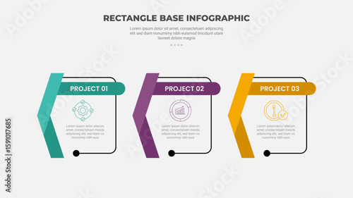 rectangle shape infographic outline style with 3 point template with outline box and ribbon flip badge for slide presentation