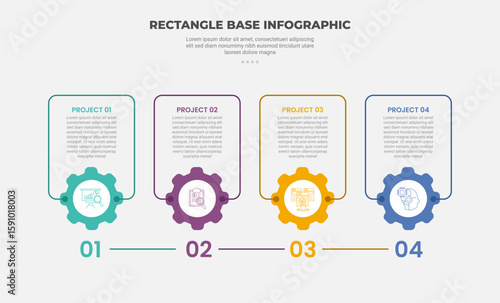 rectangle shape infographic outline style with 4 point template with timeline style with gear cogwheel as footer bottom for slide presentation