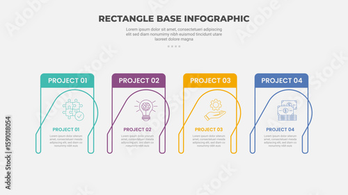 rectangle shape infographic outline style with 4 point template with creative box with open bottom side and skew accessories for slide presentation