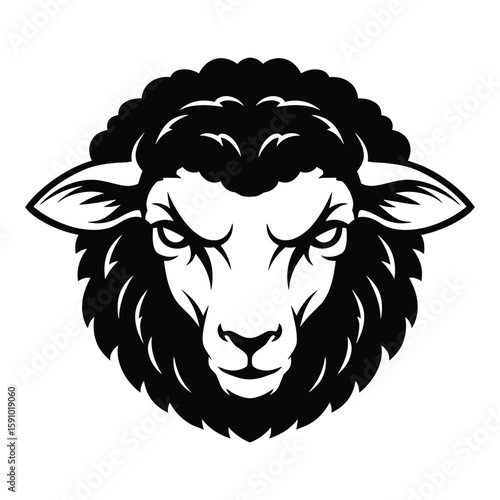A fierce black sheep head with curly wool and an intense stare, isolated on a white background