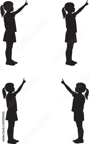 Children silhouettes pointing upwards with index fingers