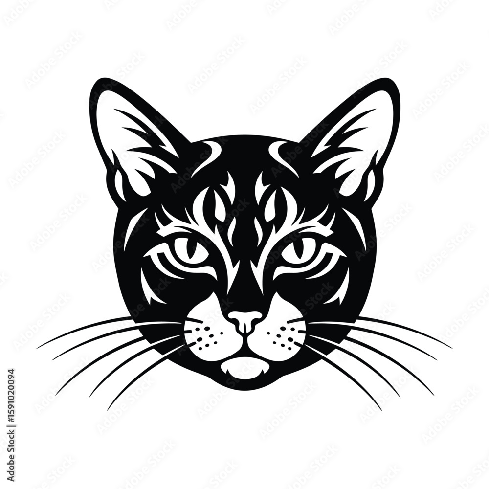 Obraz premium A mysterious black cat head illustration, isolated on a white background, with piercing eyes and delicate whiskers