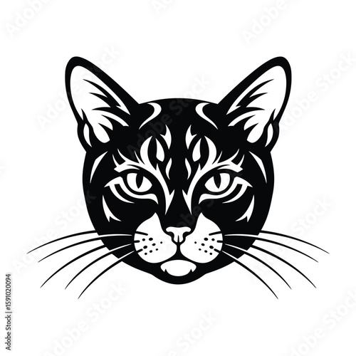A mysterious black cat head illustration, isolated on a white background, with piercing eyes and delicate whiskers