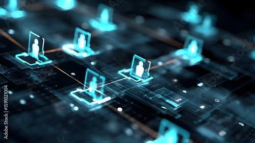 A complex three dimensional digital network interface featuring holographic user profile icons connected by lines and nodes conveying concepts of global communication and real time data exchange