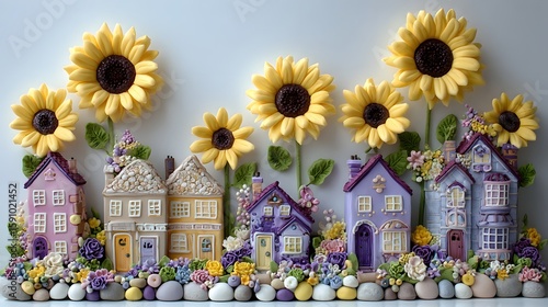 A charming and colorful 3D scene featuring oversized sunflowers and daisies towering over a quaint village of pastel colored houses with flower filled and stone details