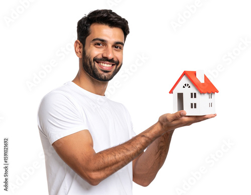 Bearded Man Smiling While Presenting a Tiny Home in Hand, Side Profile PNG”