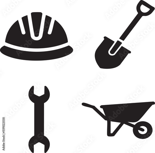 A 3D illustration of a red wheelbarrow filled with isolated gardening and construction tools on a white background