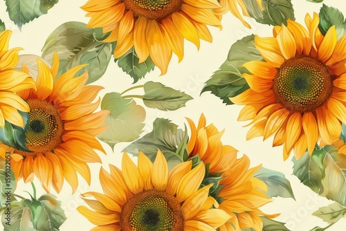 Vibrant seamless sunflower pattern background with bright yellow blooms and lush green leaves for summer designs and cheerful decorations