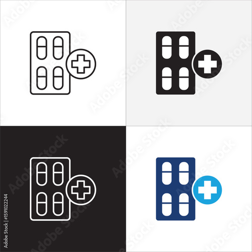 Medicine strip icon. Drug icon. Icon symbol for medication, pills, tablet, vitamin, supplement, antibiotic, prescription, capsule. Vector illustration
