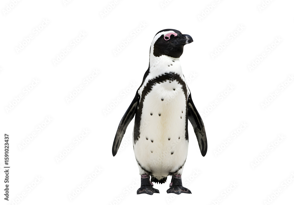 Fototapeta premium African penguin standing upright with black and white plumage and distinctive facial markings, isolated on white or transparent background. PNG