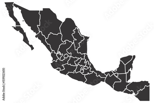 Black and white map of Mexico, regions outline with clean vector lines for graphic design and creative use, fully editable.