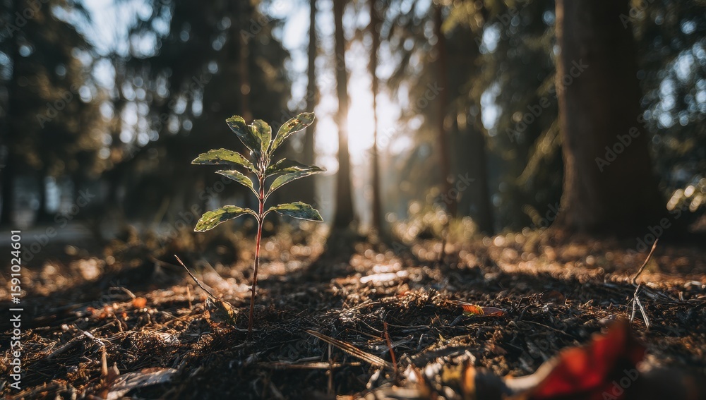 Obraz premium Young sprout in forest floor sunlight (1)