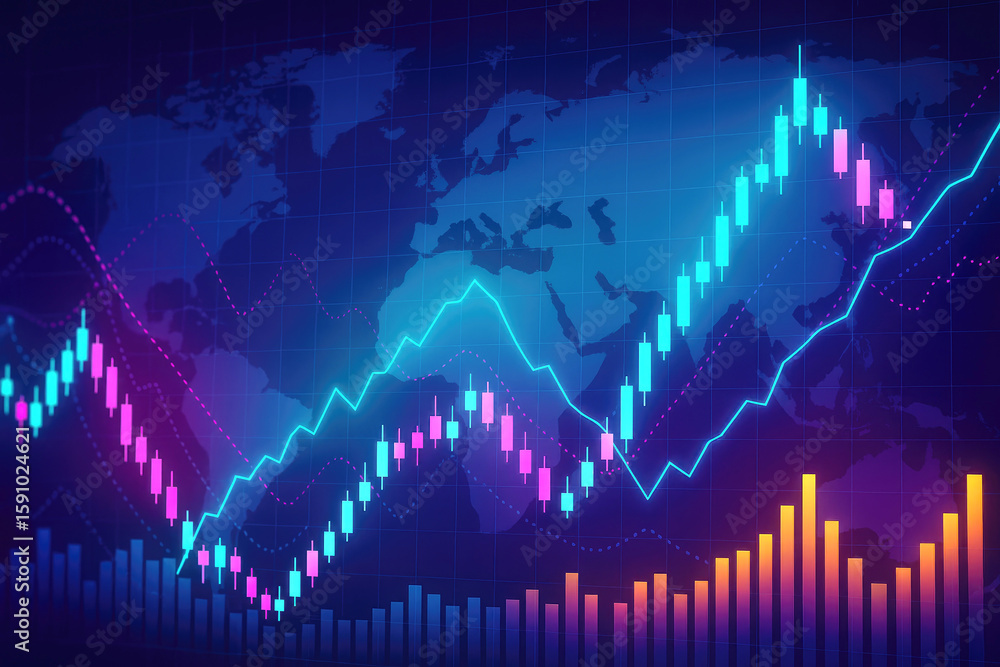 Glowing financial data chart with world map background graph stock market Glowing financial data chart with world map background graph stock market