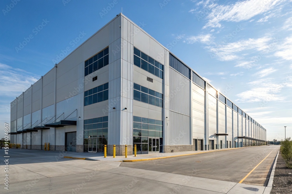 Obraz premium Modern industrial warehouse exterior with blue sky, clean design, reflective windows, and loading dock. Ideal facility for logistics, shipping, storage, manufacturing, and commercial development.