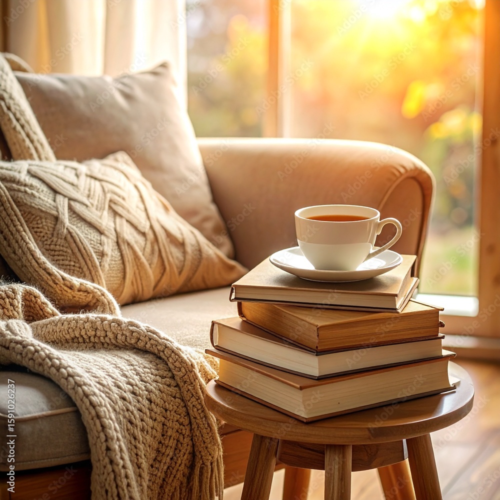 Cozy autumn morning with books and coffee Cozy autumn morning with books and coffee