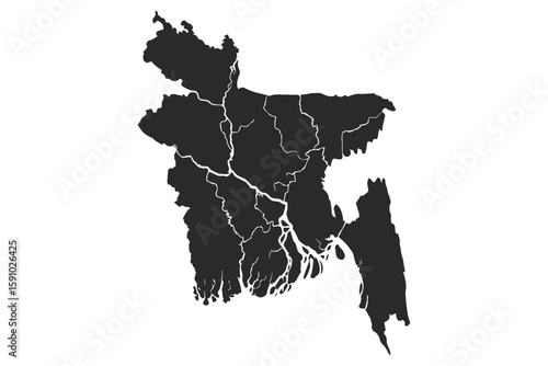 Black and white outline map of Bangladesh with divisions, perfect for creative and educational projects, fully editable.
