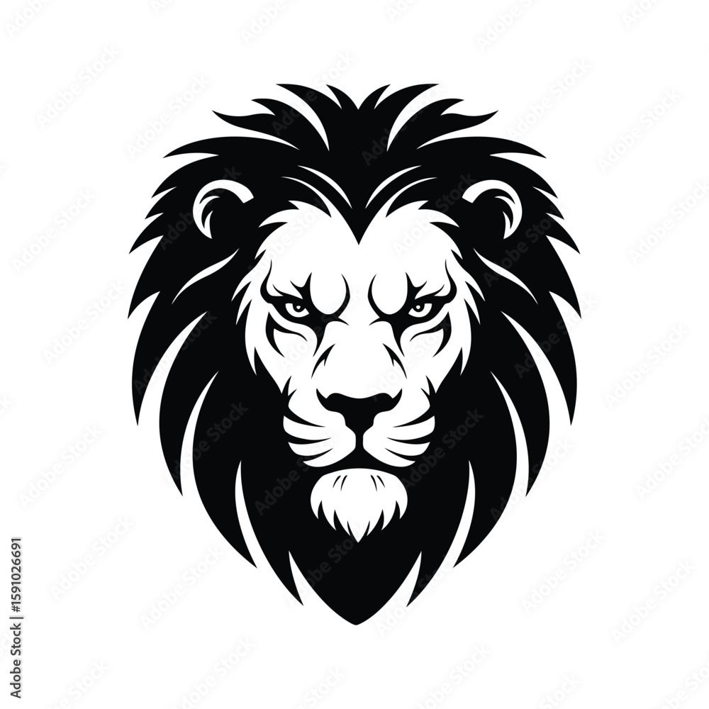 A majestic lions head with a full mane roars aggressively, displaying its power and ferocity, isolated on a white background A majestic lions head with a full mane roars aggressively, displaying its power and ferocity, isolated on a white background