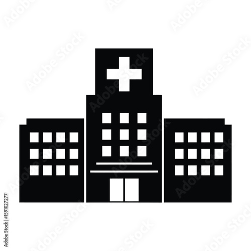 A modern hospital building with a prominent cross symbol on its facade, presented as a black silhouette on white