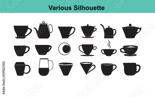 Black and White Vector Silhouette Collection of Various Teacups, Coffee Cups, and Teapots for Graphic Design and Culinary Illustrations