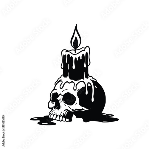 A skull with a melting candle on top, isolated on white background, evokes a sense of gothic macabre and the ephemeral nature of life