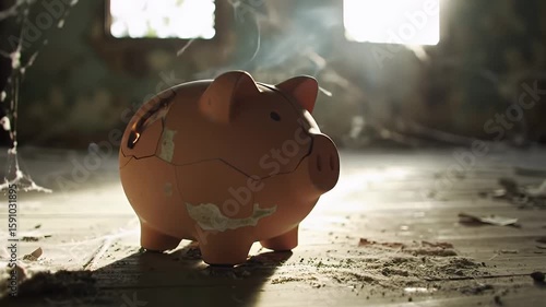 Financial Ruin Capturing the fragility of savings with a broken piggy bank, symbolizing economic crisis and the importance of managing money wisely in uncertain times 