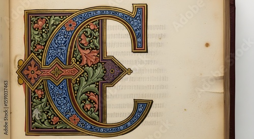 Illuminated Capital Letter C with Gothic Floral Design in Antique Book