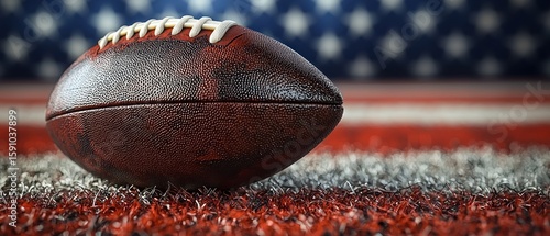 Close-up of a weathered American football resting on a field, with a blurred American flag in the background
