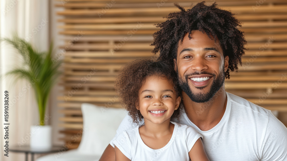 Fototapeta premium Happy father and daughter smiling together in cozy living room, showcasing love and joy