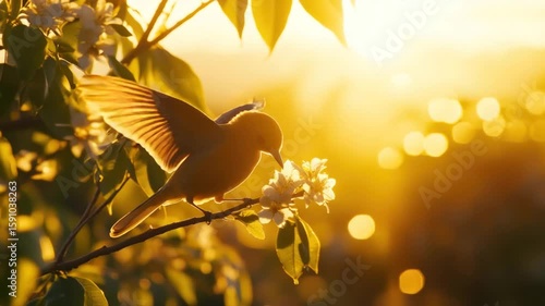 Wallpaper Mural Golden Hour Bird Takes Flight, Blossoms, Nature's Beauty, Serene Scene Torontodigital.ca