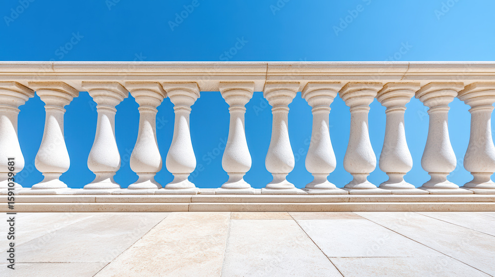 Fototapeta premium Elegant architectural details showcase balustrade against clear blue sky, creating serene