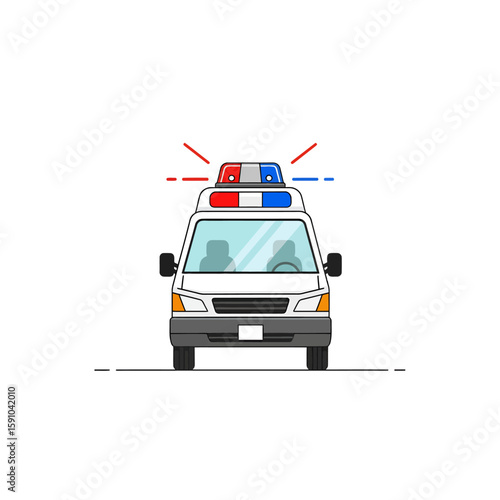 A white police van with flashing lights, front view illustration.