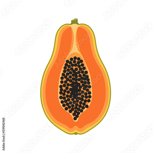 A halved papaya showcasing its vibrant orange flesh and numerous black seeds.