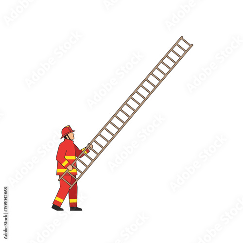 Firefighter in red uniform carrying a ladder, ready for rescue operation.