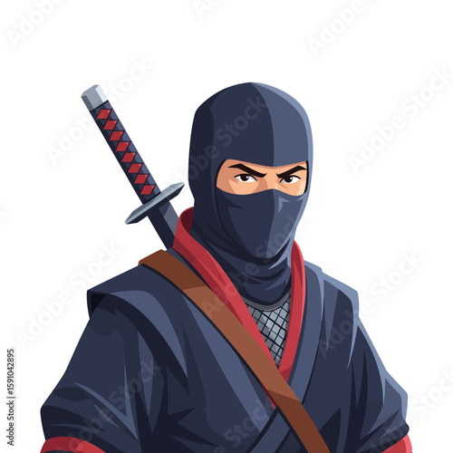 A stern ninja, clad in dark attire, stands ready with a katana strapped to his back.